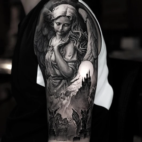 Realism Angel, Castle tattoo on Full Sleeve