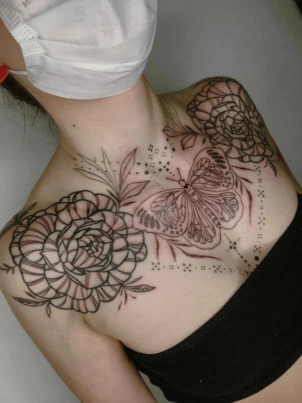Linework Butterfly, Flower tattoo on Chest