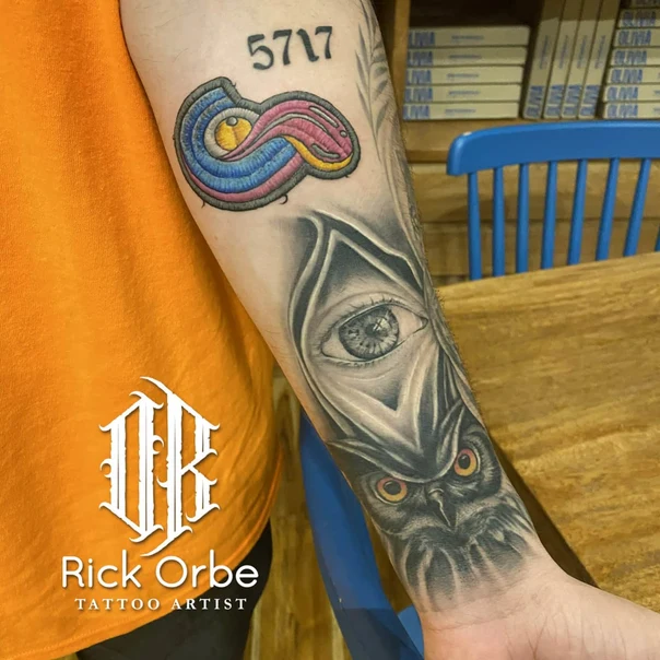 Black & Grey Eye, Owl tattoo on Forearm