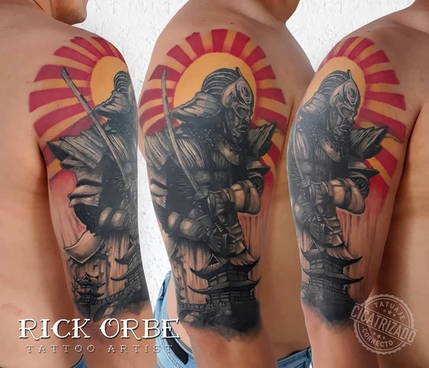 Japanese Samurai, Pagoda tattoo on Full Sleeve