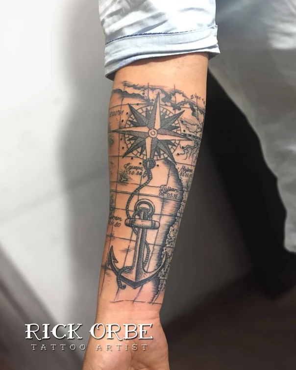Black & Grey Compass, Anchor tattoo on Forearm
