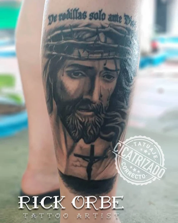 Realism Religious, Jesus tattoo on Calf