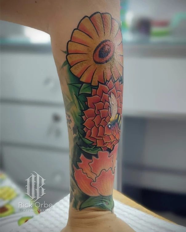 Illustrative Flower, Bee tattoo on Forearm