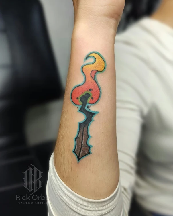 Cartoon Flame, Leaf tattoo on Forearm