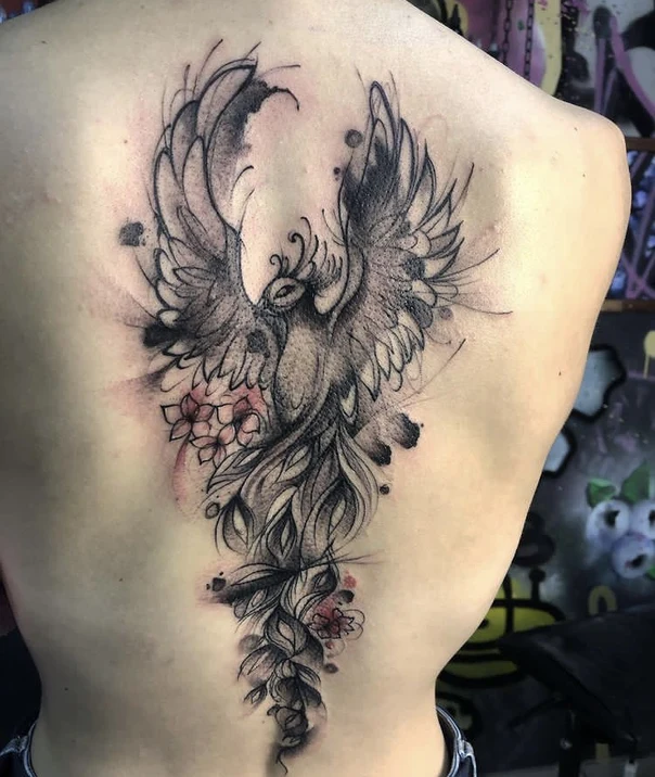 Акварель Phoenix, Flowers tattoo на Верхняя часть спины