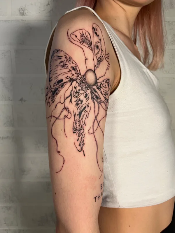 female black sketch tattoo on upper arm #72739 | Tattoo Artist Татьяна Гущина