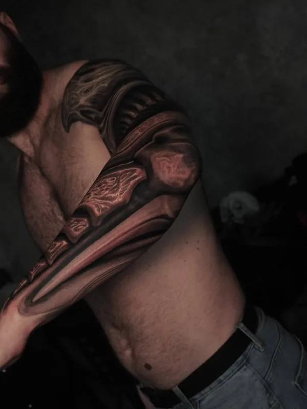 male black and grey biomechanical татуировка на full sleeve #72862 | Тату мастер Тони Рут