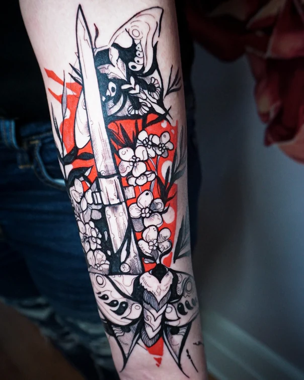 Illustrative Flowers, Butterfly tattoo on Forearm