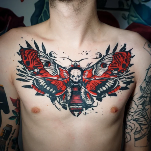 Neo Traditional Skull, Butterfly tattoo on Chest