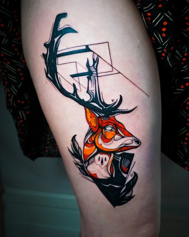 Geometric Deer, Geometric tattoo on Thigh