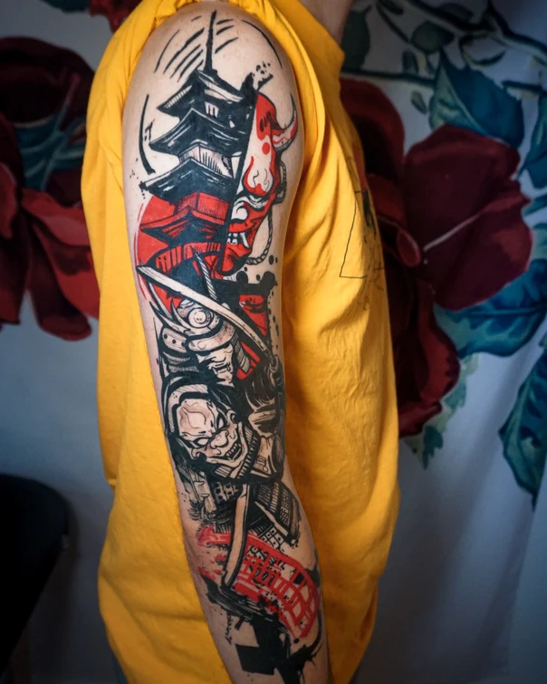 Japanese Samurai, Pagoda tattoo on Full Sleeve