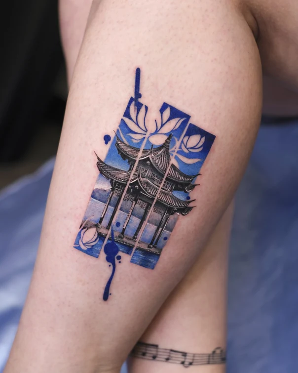 Illustrative Pagoda, Lotus tattoo on Thigh
