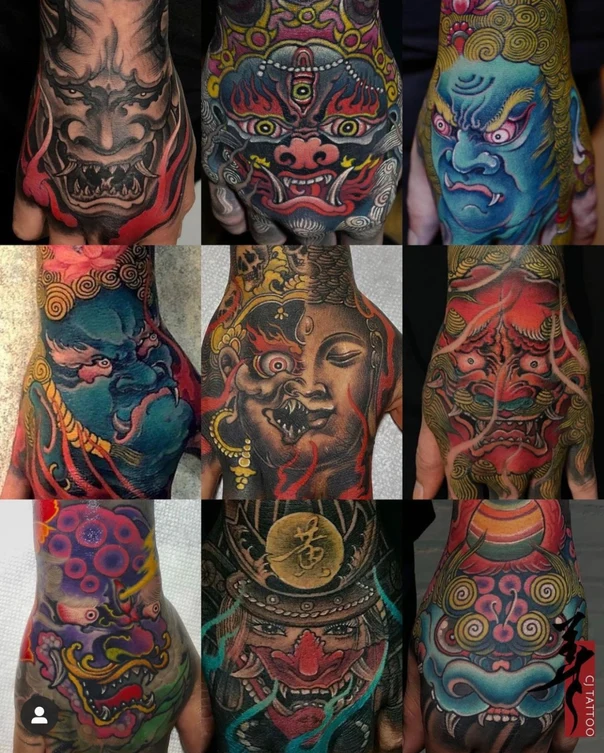 Japanese Demon, Mask tattoo on Hand