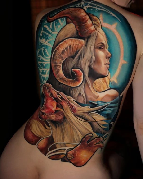 Realism Woman, Horns tattoo on Back