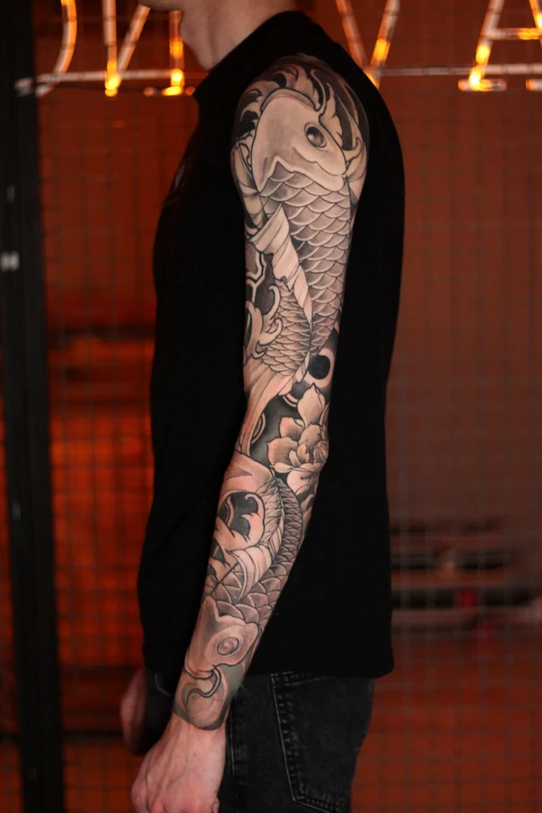 Japanese Koi, Flowers tattoo on Full Sleeve