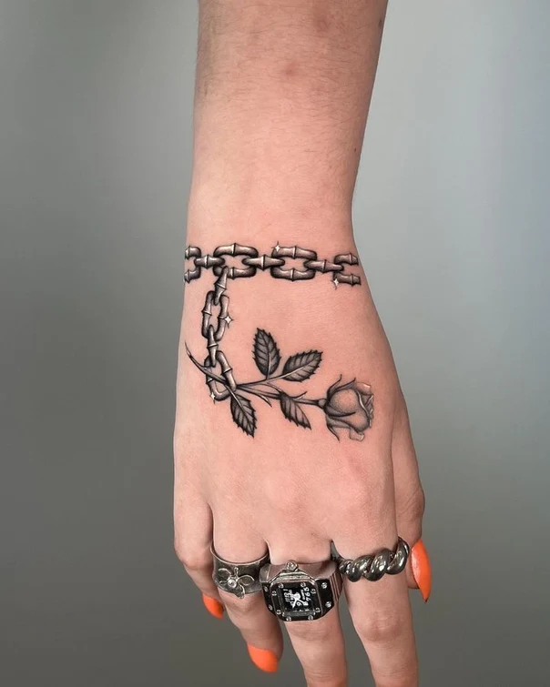 Black & Grey Rose, Chain tattoo on Hand