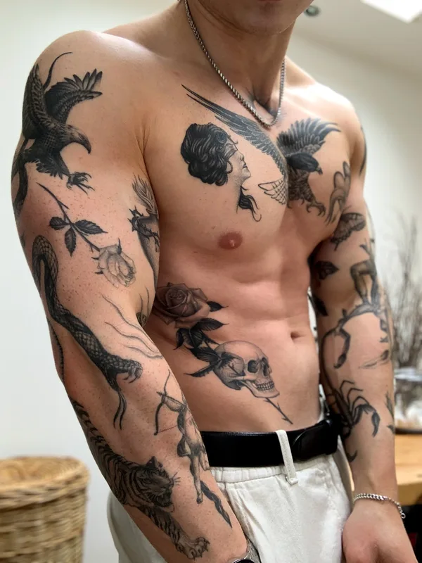 male black and grey blackwork tattoo on chest #73153 | Tattoo Artist Delphin Musquet