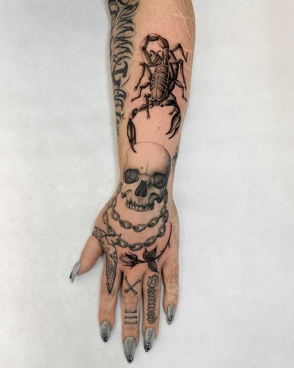 Black & Grey Scorpion, Skull tattoo on Forearm