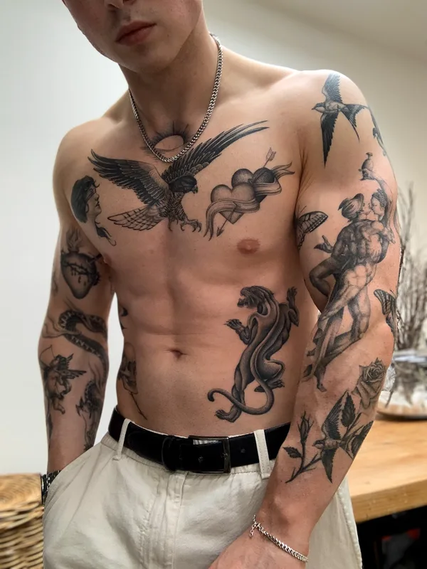 male black and grey blackwork tattoo on chest #73154 | Tattoo Artist Delphin Musquet
