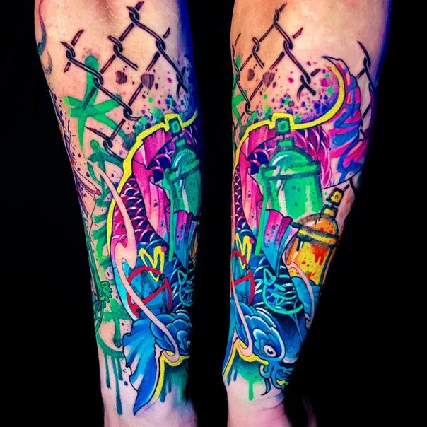 New School Spray paint, Koi fish tattoo on Forearm