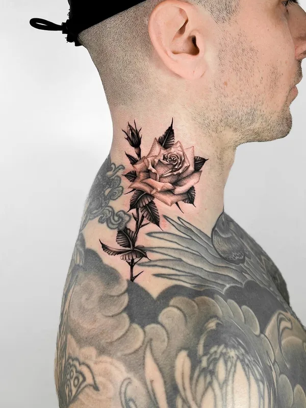 male black and grey black and grey tattoo on neck #73184 | Tattoo Artist Delphin Musquet