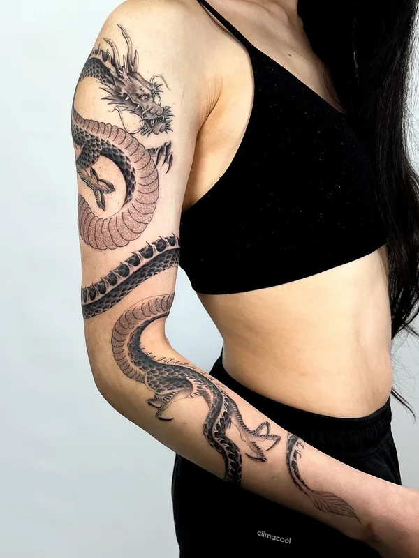 female black and grey japanese tattoo on full sleeve #73186 | Tattoo Artist Delphin Musquet