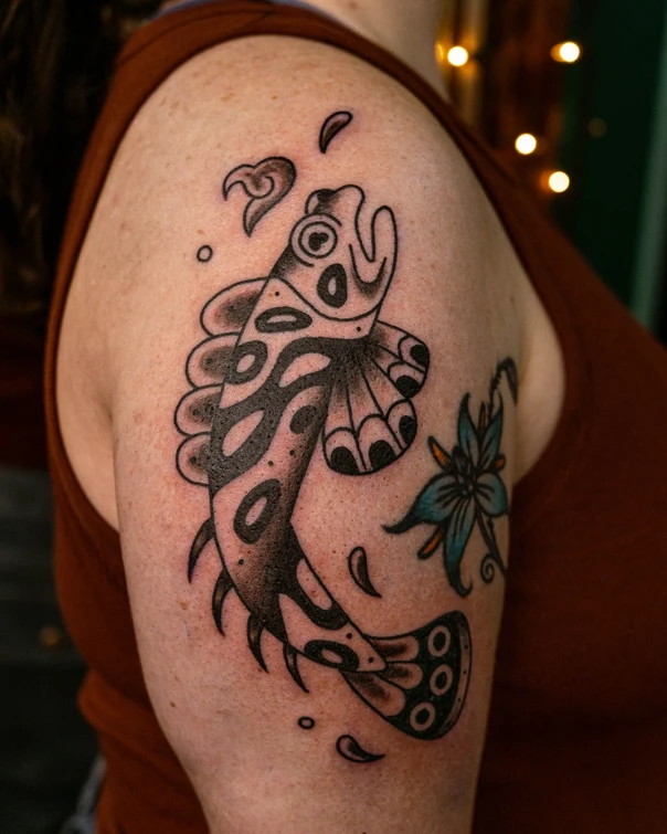 Old School Fish, Flower tattoo on Shoulder