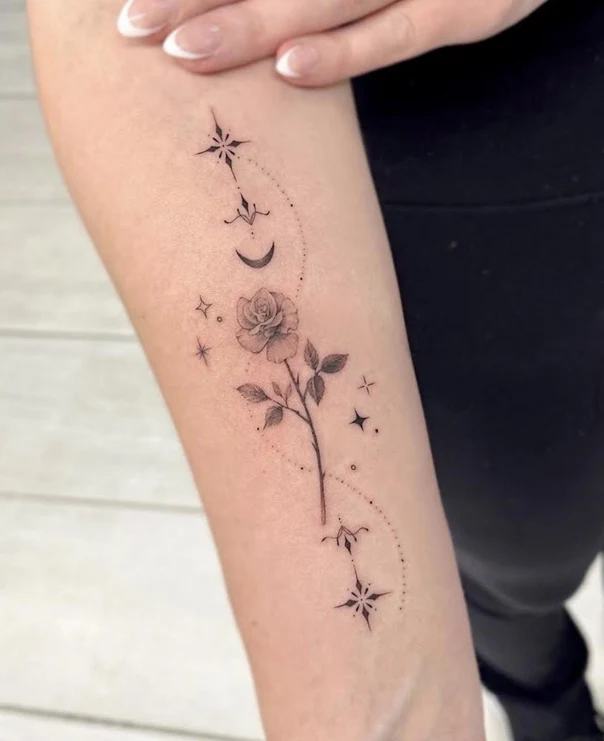 Fineline Rose, Stars tattoo on Forearm