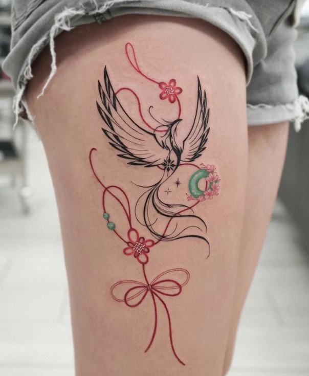 Linework Phoenix, Flowers tattoo on Thigh