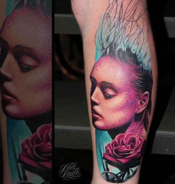 Realism Portrait, Rose tattoo on Calf