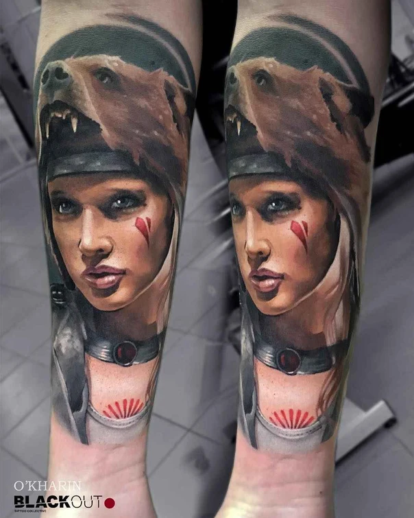 Realism Portrait, Bear tattoo on Forearm