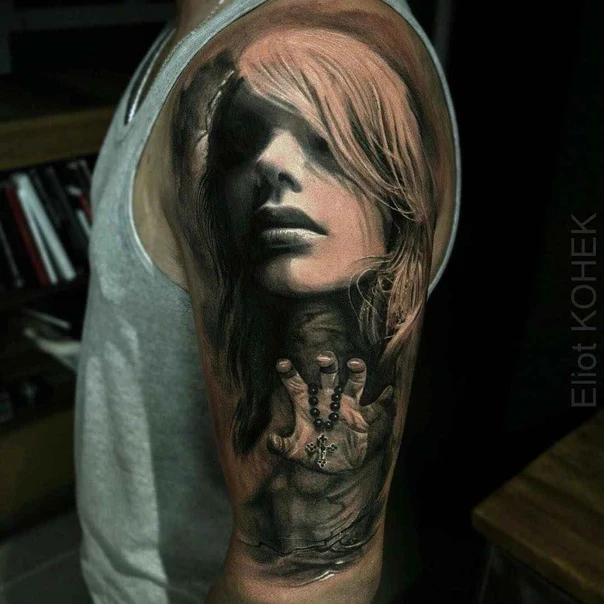 Realism Portrait, Cross tattoo on Upper Arm