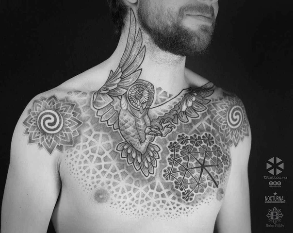 Геометрия Owl, Mandala tattoo на Грудь
