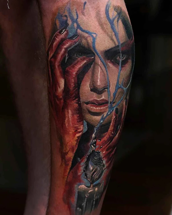Realism Portrait, Candle tattoo on Calf