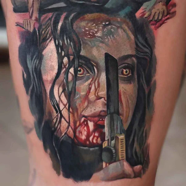 Realism Portrait, Horror tattoo on Thigh
