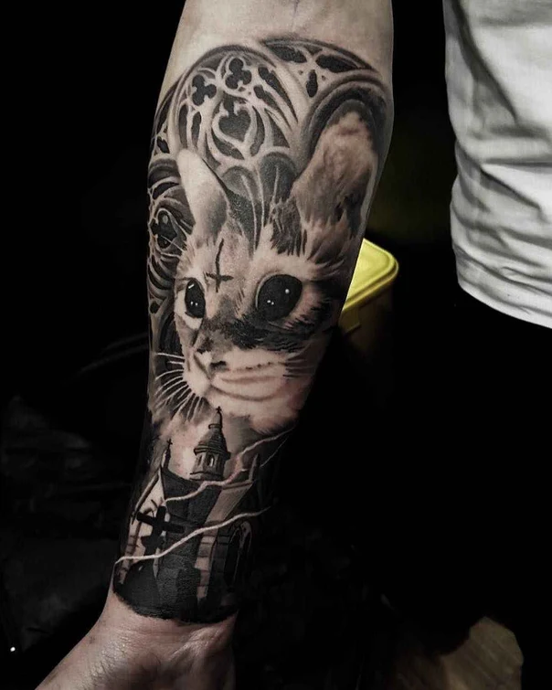 Black & Grey Cat, Church tattoo on Forearm
