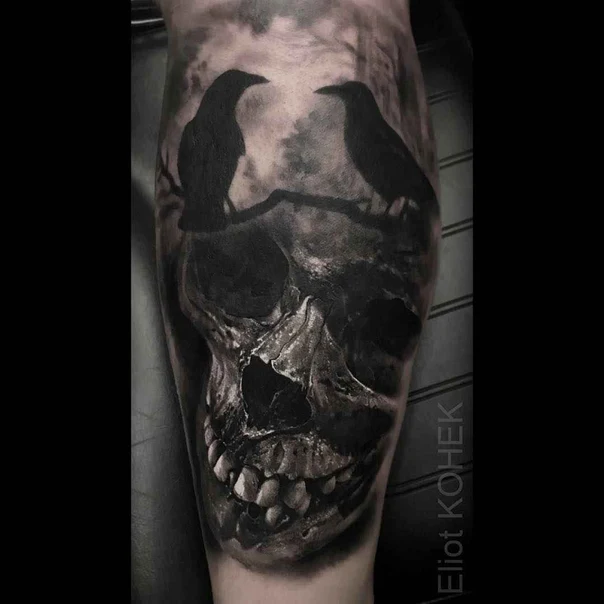Black & Grey Skull, Crow tattoo on Forearm