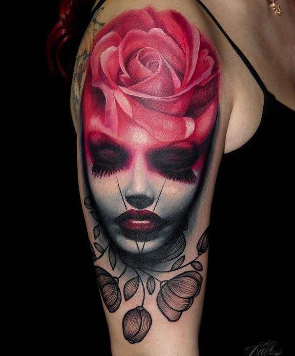 Realism Rose, Face tattoo on Shoulder