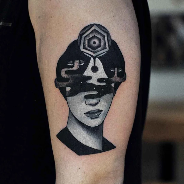Black & Grey Face, Geometric tattoo on Bicep