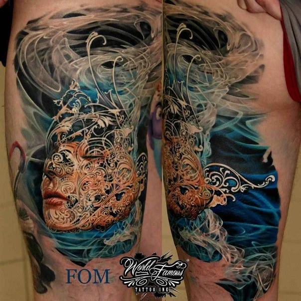Реализм Face, Ornament tattoo на Thigh