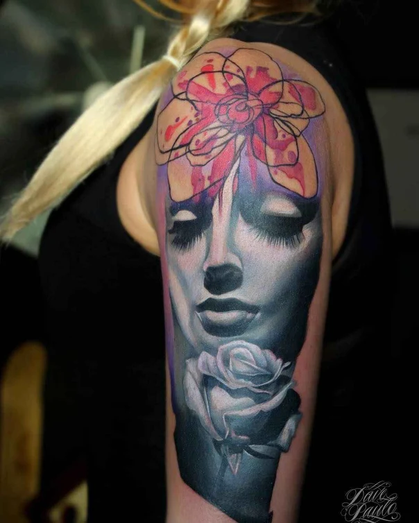 Realism Portrait, Flower tattoo on Upper Arm