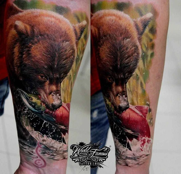 Реализм Bear, Fish tattoo на Предплечье