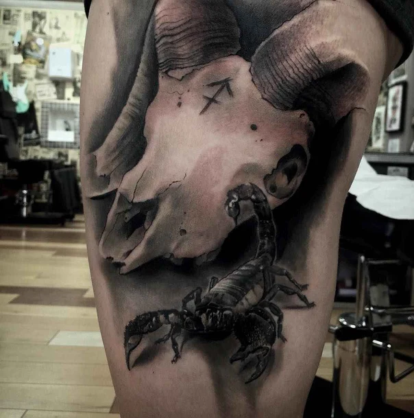 Realism Skull, Scorpion tattoo on Thigh