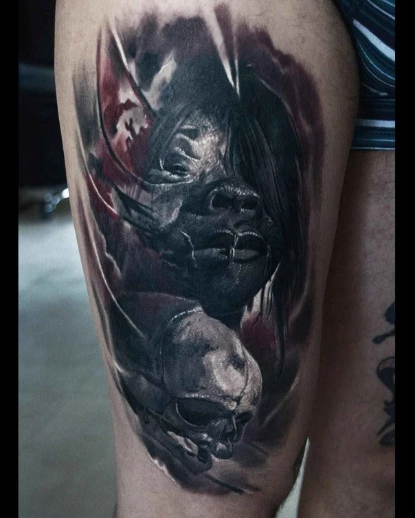 Realism Skull, Monster tattoo on Thigh