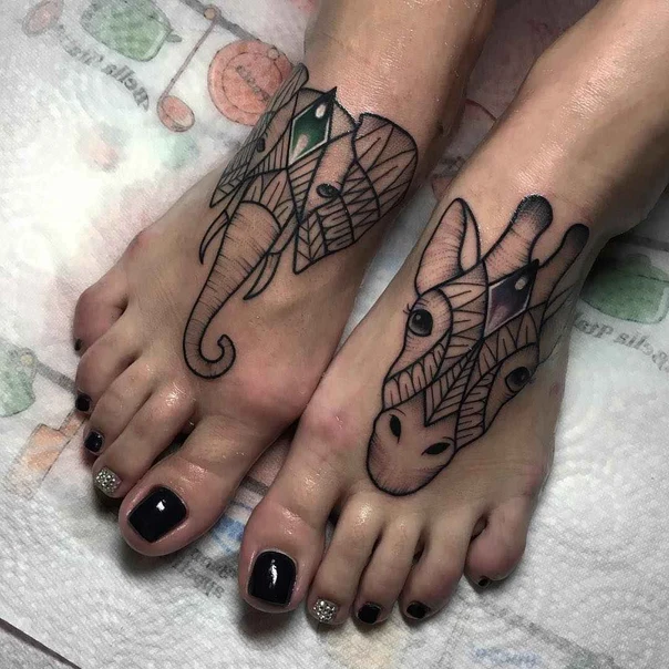 Geometric Elephant, Giraffe tattoo on Foot