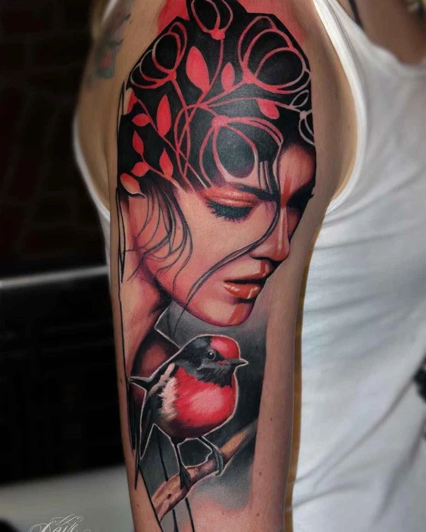 Realism Portrait, Bird tattoo on Upper Arm