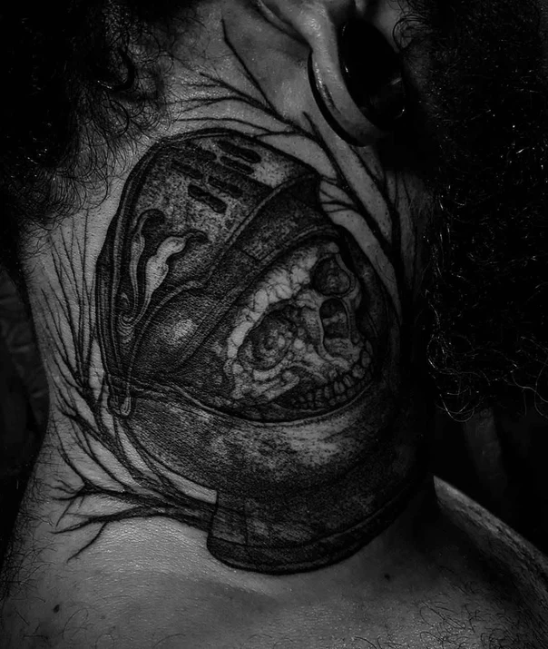 Blackwork Skull, Helmet tattoo on Neck