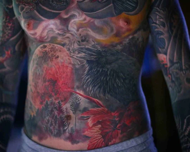 Realism Raven, Moon tattoo on Stomach