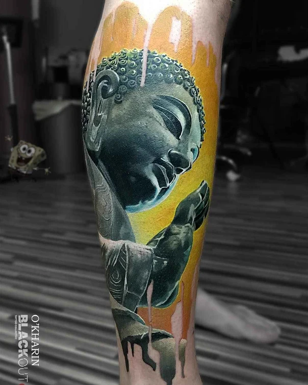 Realism Buddha tattoo on Calf