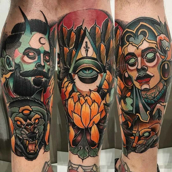 Neo Traditional Faces, Eye tattoo on Calf